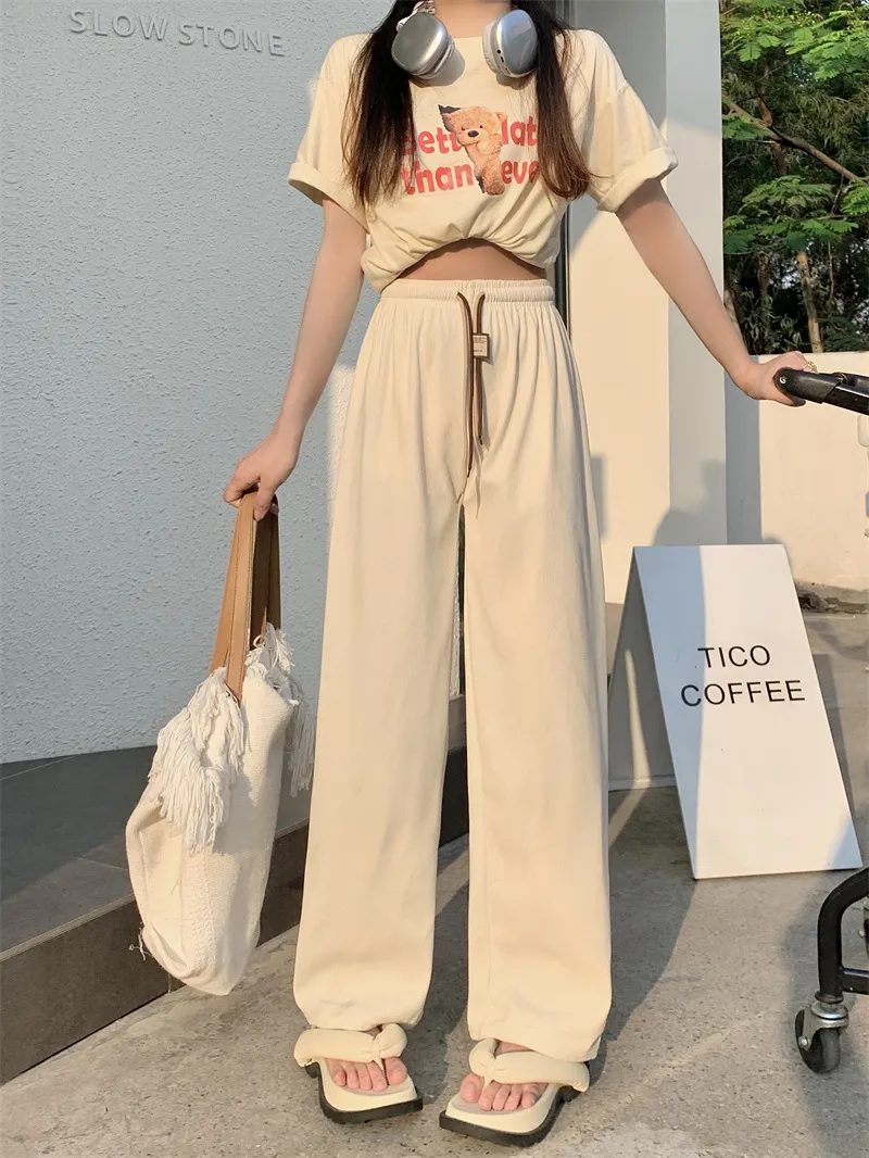 New Girls Casual Pants Corduroy Double Drawstring Smiley Wide Leg Pants Explosive Women's Straight Loose High Waist Pants display picture 2