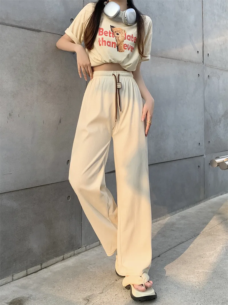 New Girls Casual Pants Corduroy Double Drawstring Smiley Wide Leg Pants Explosive Women's Straight Loose High Waist Pants display picture 3