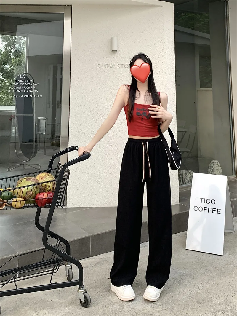 New Girls Casual Pants Corduroy Double Drawstring Smiley Wide Leg Pants Explosive Women's Straight Loose High Waist Pants display picture 6