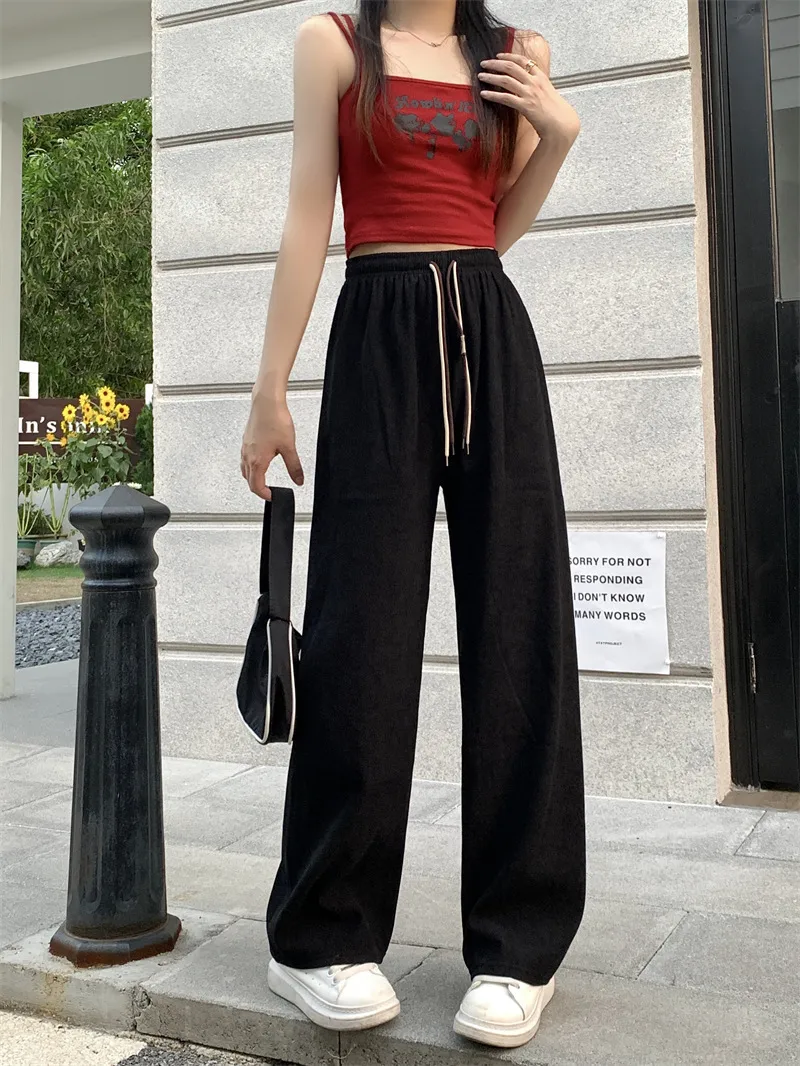 New Girls Casual Pants Corduroy Double Drawstring Smiley Wide Leg Pants Explosive Women's Straight Loose High Waist Pants display picture 7