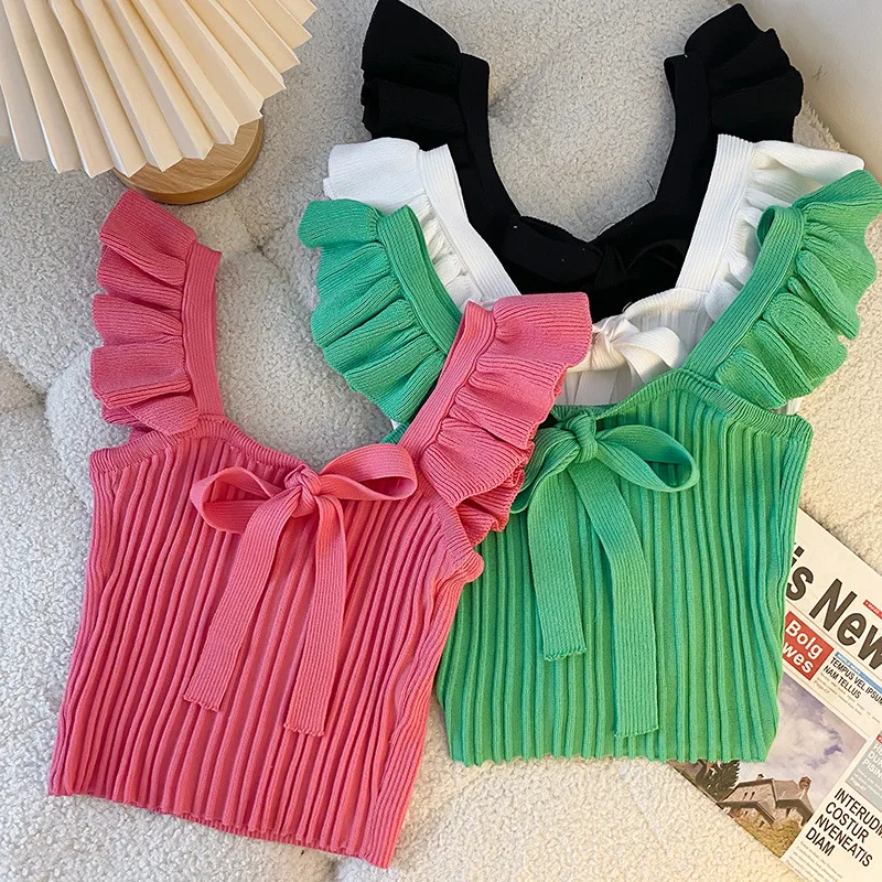 Southeast Asia Knitted Camisole Women's Summer Ear Sleeveless Candy Outer Bow Short Top display picture 2