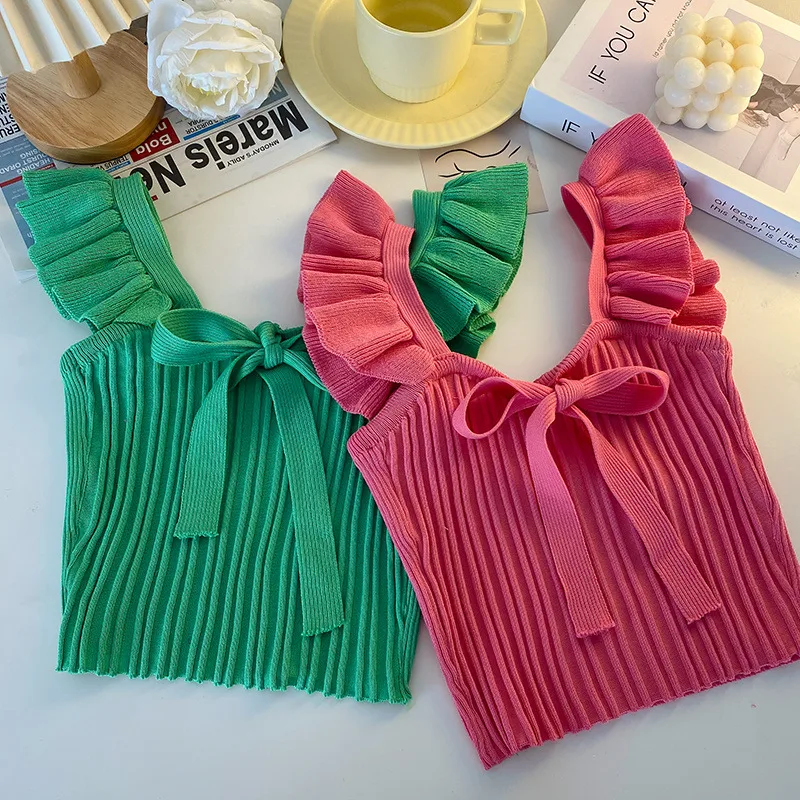Southeast Asia Knitted Camisole Women's Summer Ear Sleeveless Candy Outer Bow Short Top display picture 7