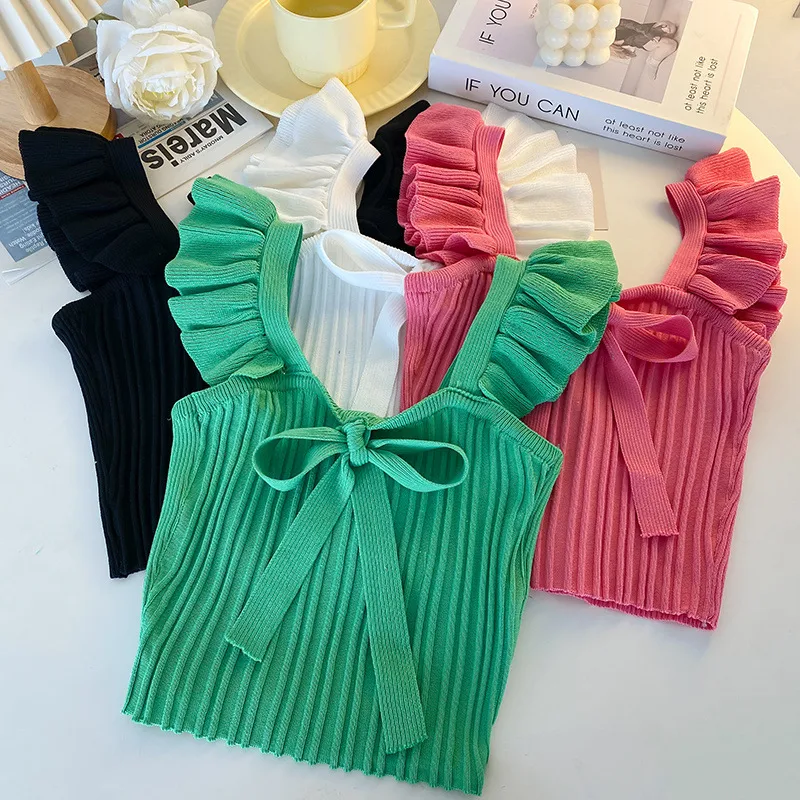 Southeast Asia Knitted Camisole Women's Summer Ear Sleeveless Candy Outer Bow Short Top display picture 15