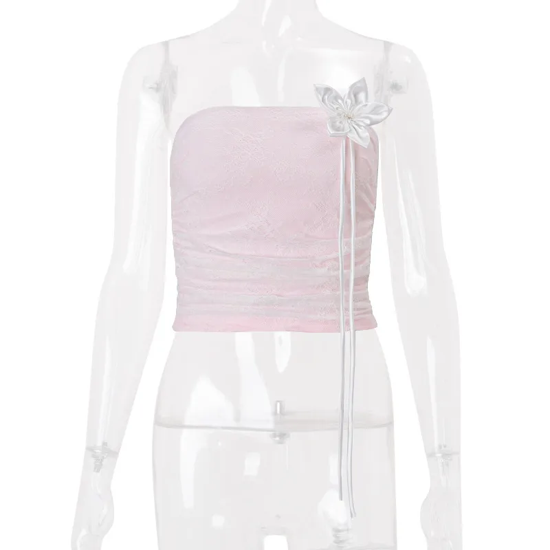 Ins  Style  Summer New Sexy Sweet Flower Decorative Mesh Vacation All-match Strapless Vest For Women display picture 15