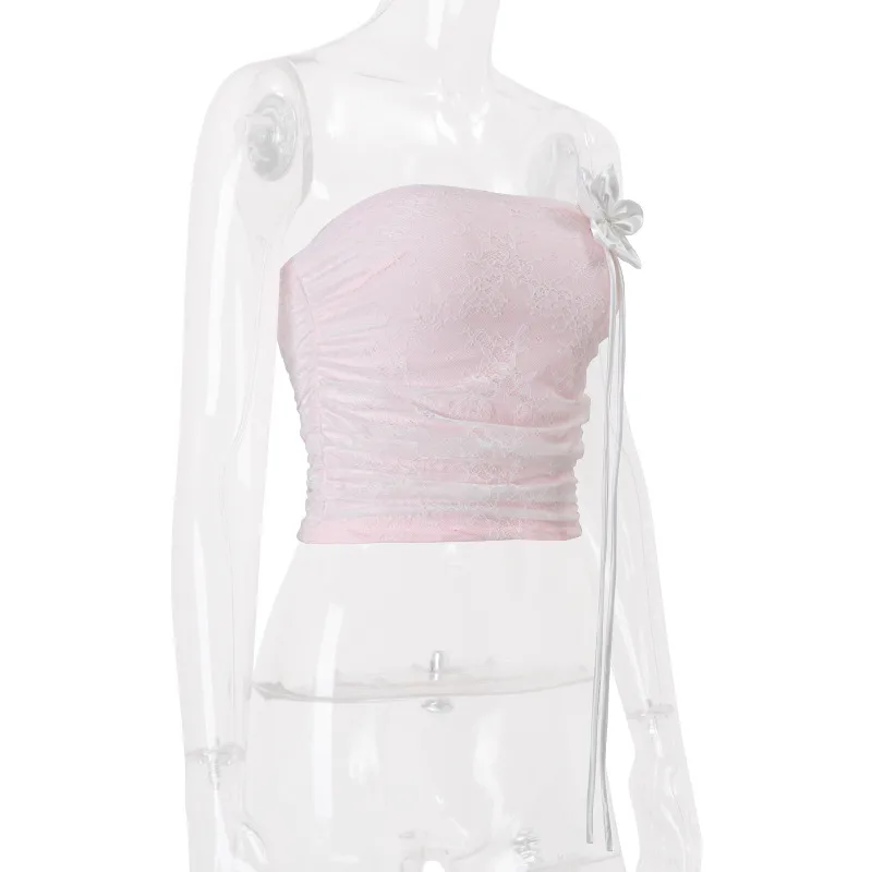Ins  Style  Summer New Sexy Sweet Flower Decorative Mesh Vacation All-match Strapless Vest For Women display picture 16