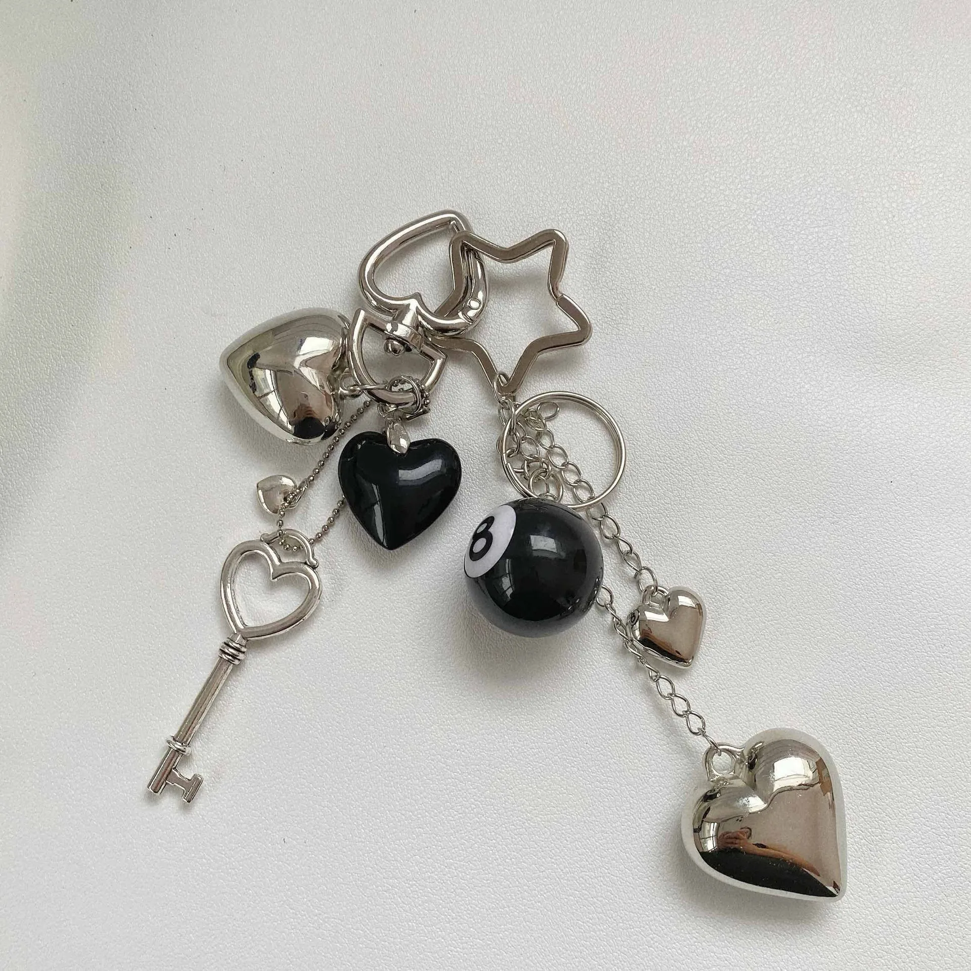 Two-in-one  Hot Selling Billiards Black Eight Trend Silver Love Metal Key Chain Bag Pendant Girlfriends display picture 2
