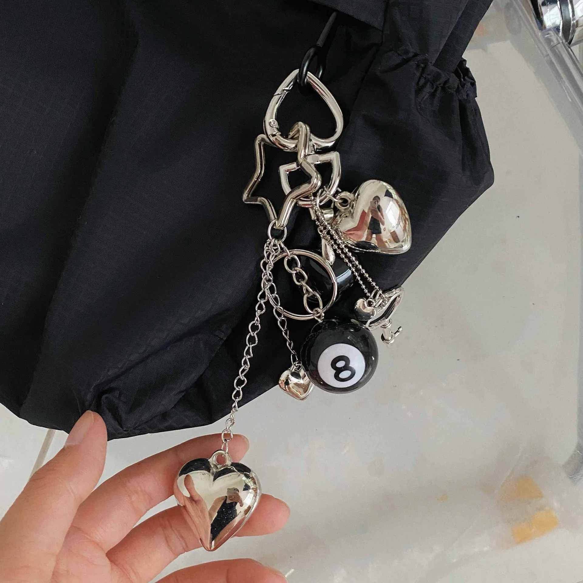 Two-in-one  Hot Selling Billiards Black Eight Trend Silver Love Metal Key Chain Bag Pendant Girlfriends display picture 7