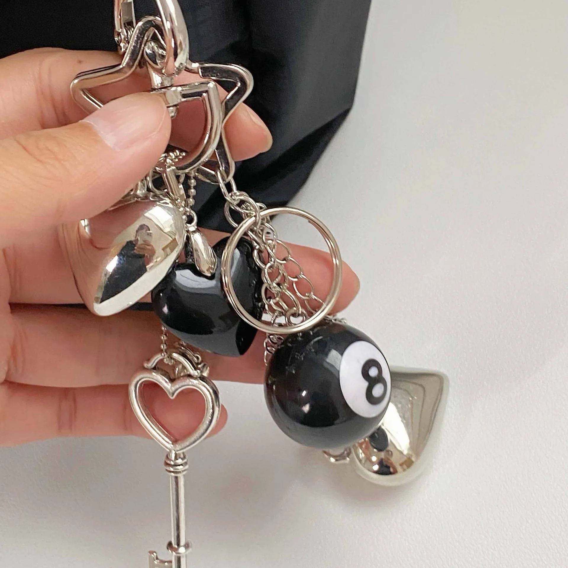 Two-in-one  Hot Selling Billiards Black Eight Trend Silver Love Metal Key Chain Bag Pendant Girlfriends display picture 8