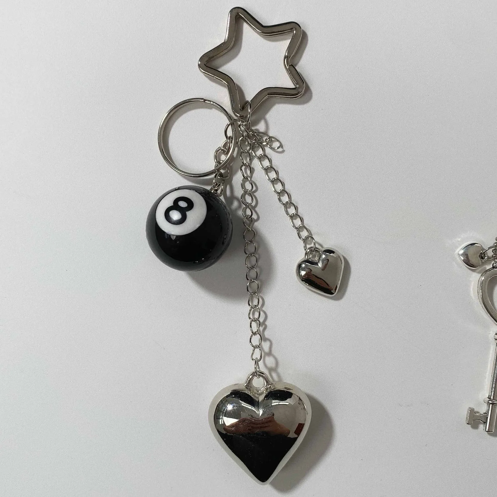 Two-in-one  Hot Selling Billiards Black Eight Trend Silver Love Metal Key Chain Bag Pendant Girlfriends display picture 12