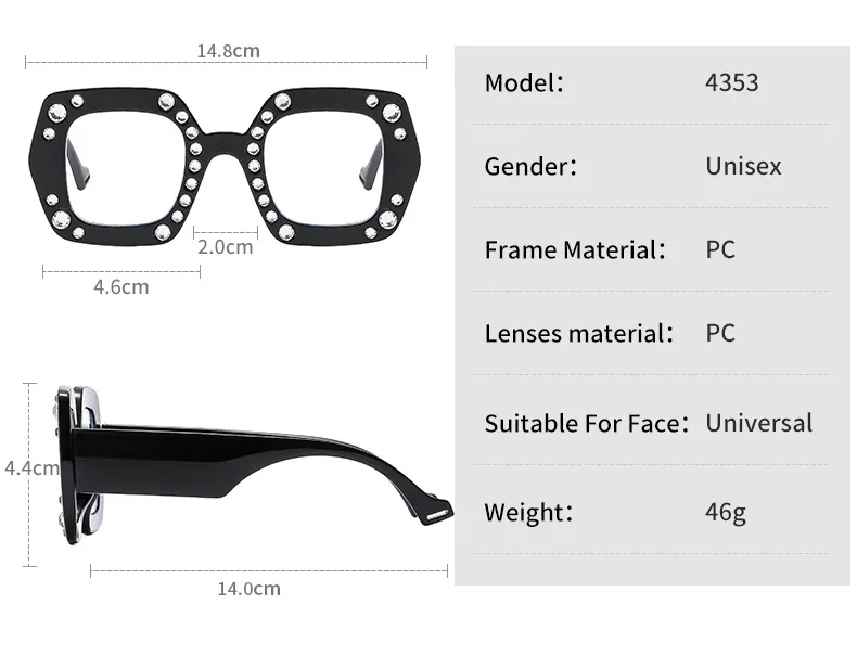 New Diamond-embedded Plain Glasses  Large Frame Color Fashion Personalized Women's Anti-blue Light Glasses 4353p display picture 4