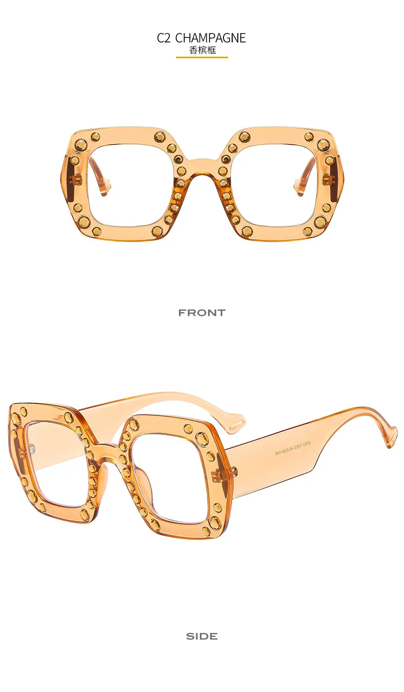 New Diamond-embedded Plain Glasses  Large Frame Color Fashion Personalized Women's Anti-blue Light Glasses 4353p display picture 8