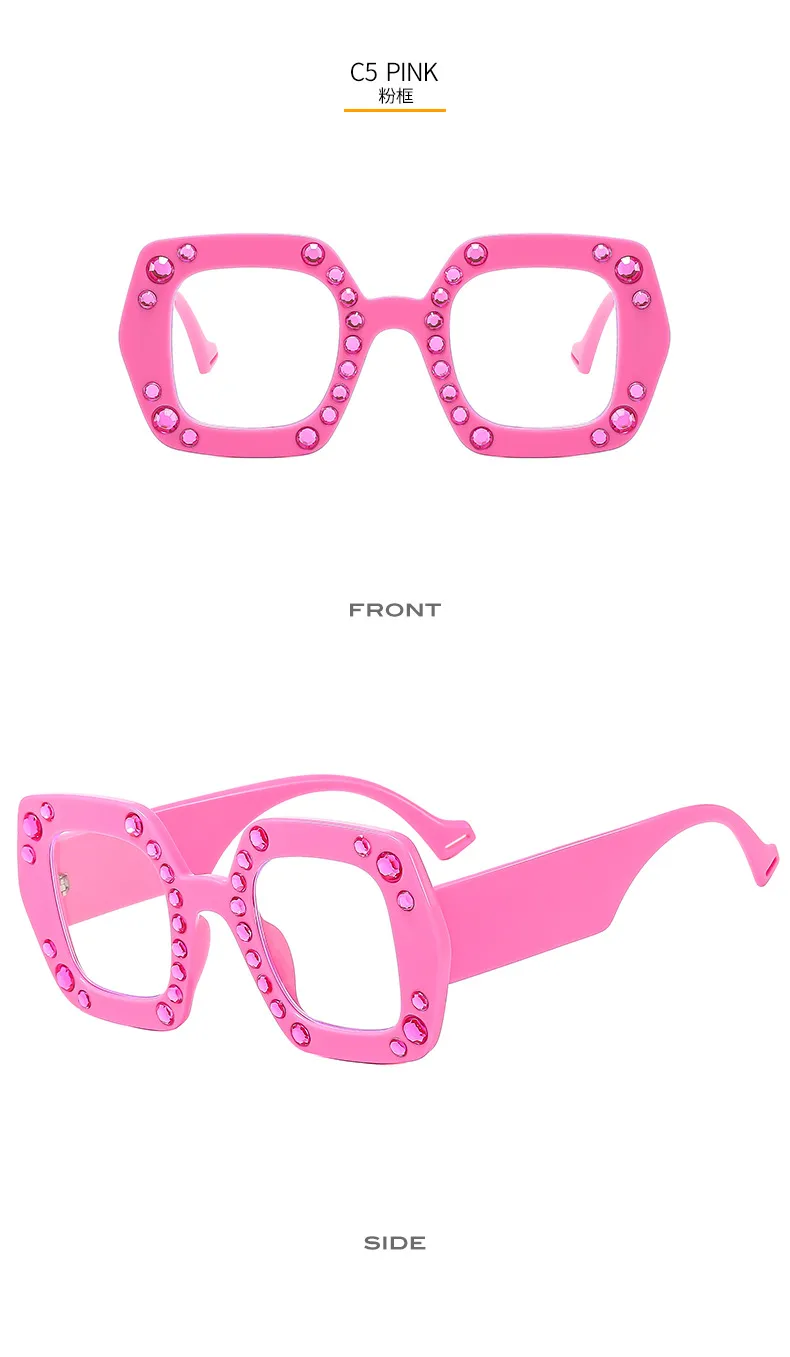 New Diamond-embedded Plain Glasses  Large Frame Color Fashion Personalized Women's Anti-blue Light Glasses 4353p display picture 11