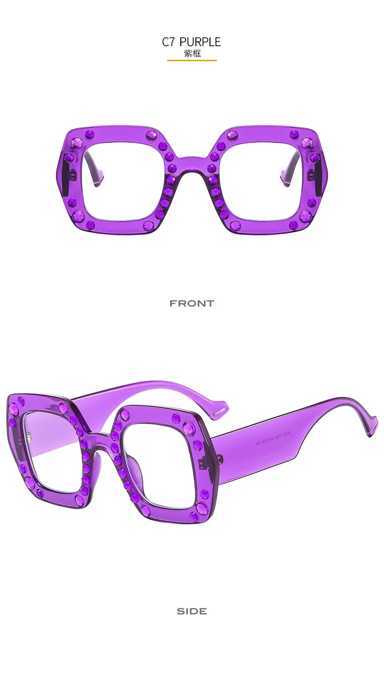 New Diamond-embedded Plain Glasses  Large Frame Color Fashion Personalized Women's Anti-blue Light Glasses 4353p display picture 13