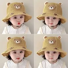 Children's Sunshade Hat Summer Thin Boys And Girls Cartoon Bear Sunscreen Straw Hat Baby Travel Breathable Sun Hat display picture 2