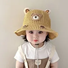 Children's Sunshade Hat Summer Thin Boys And Girls Cartoon Bear Sunscreen Straw Hat Baby Travel Breathable Sun Hat display picture 3