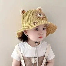 Children's Sunshade Hat Summer Thin Boys And Girls Cartoon Bear Sunscreen Straw Hat Baby Travel Breathable Sun Hat display picture 4