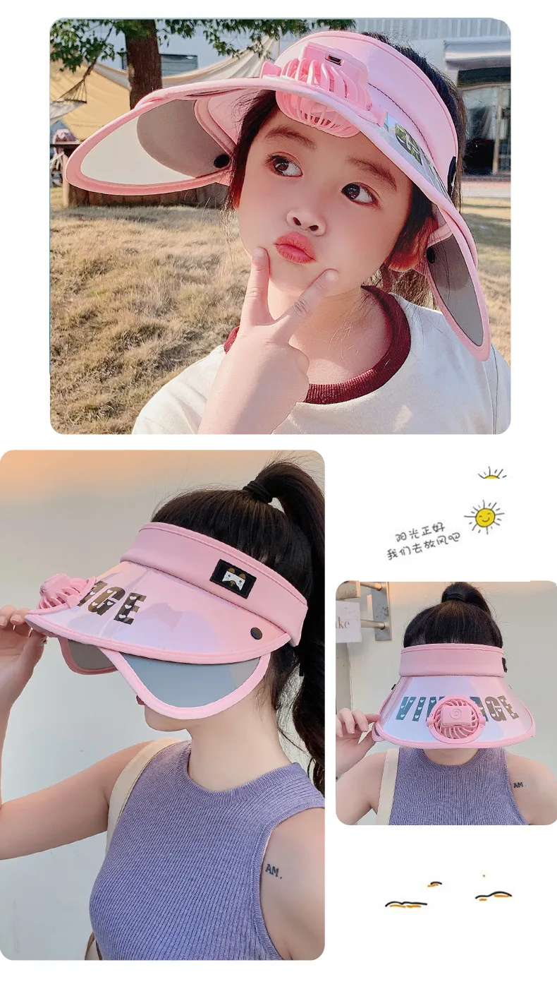 Children's Hat Summer Sunscreen Hat Big Brim Vacant Top Sunshade Hat With Fan Parent-Child Sun Hat Trendy display picture 13