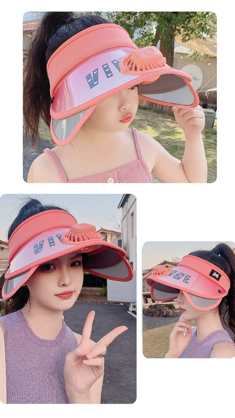 Children's Hat Summer Sunscreen Hat Big Brim Vacant Top Sunshade Hat With Fan Parent-Child Sun Hat Trendy display picture 17
