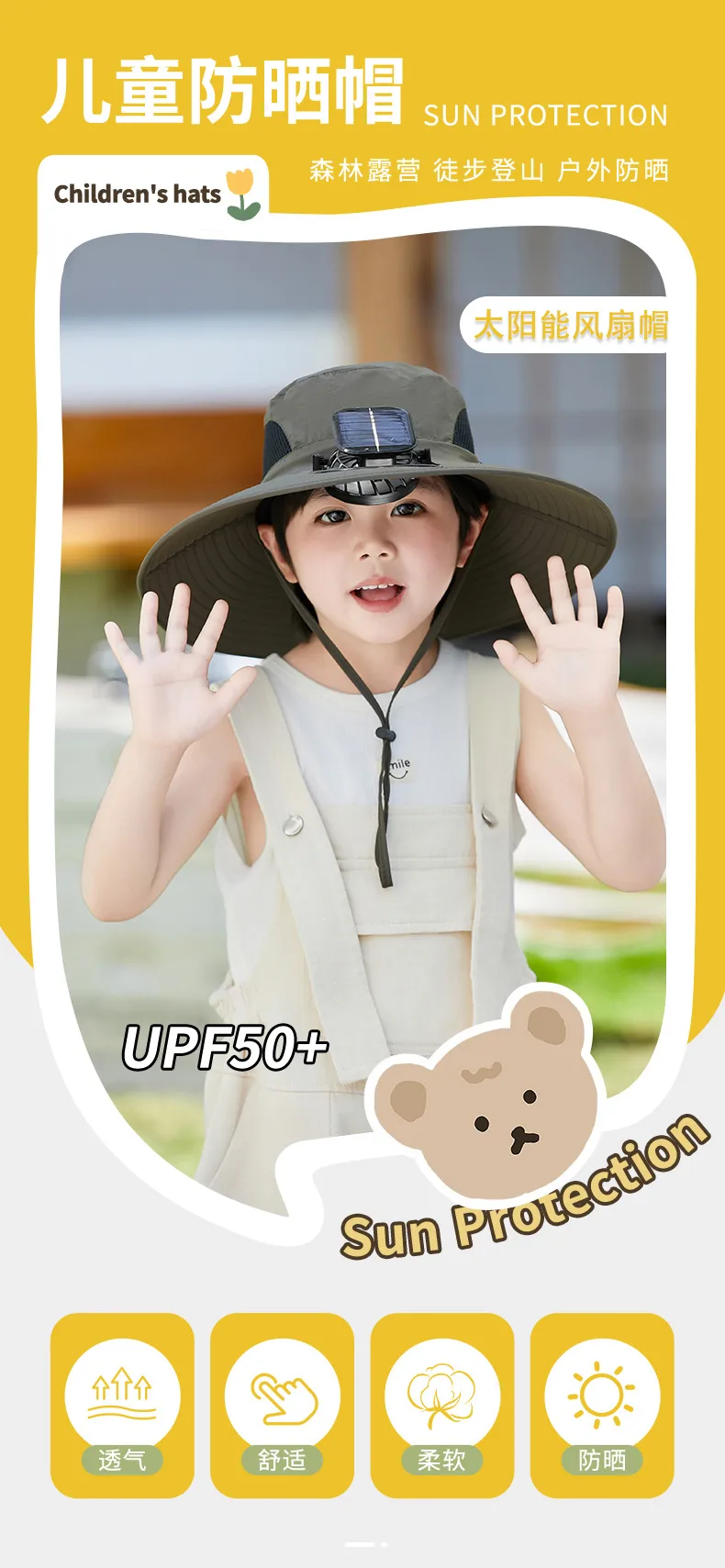 Solar Fan Hat High Wind Rechargeable Large Rim Sun Hat Children's Outdoor Leisure Sun Hat Thin Girl Men display picture 1