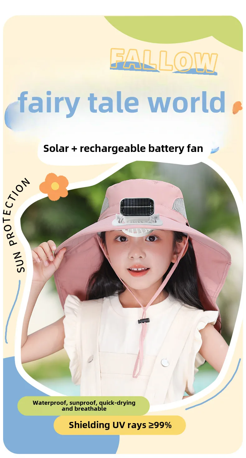Girls Solar Fan Hat Rechargeable Big Wind Shawl Sun Hat Summer Beach Mountain Climbing Hat For Boys display picture 3