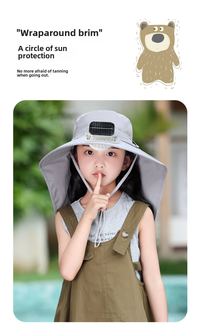 Girls Solar Fan Hat Rechargeable Big Wind Shawl Sun Hat Summer Beach Mountain Climbing Hat For Boys display picture 14
