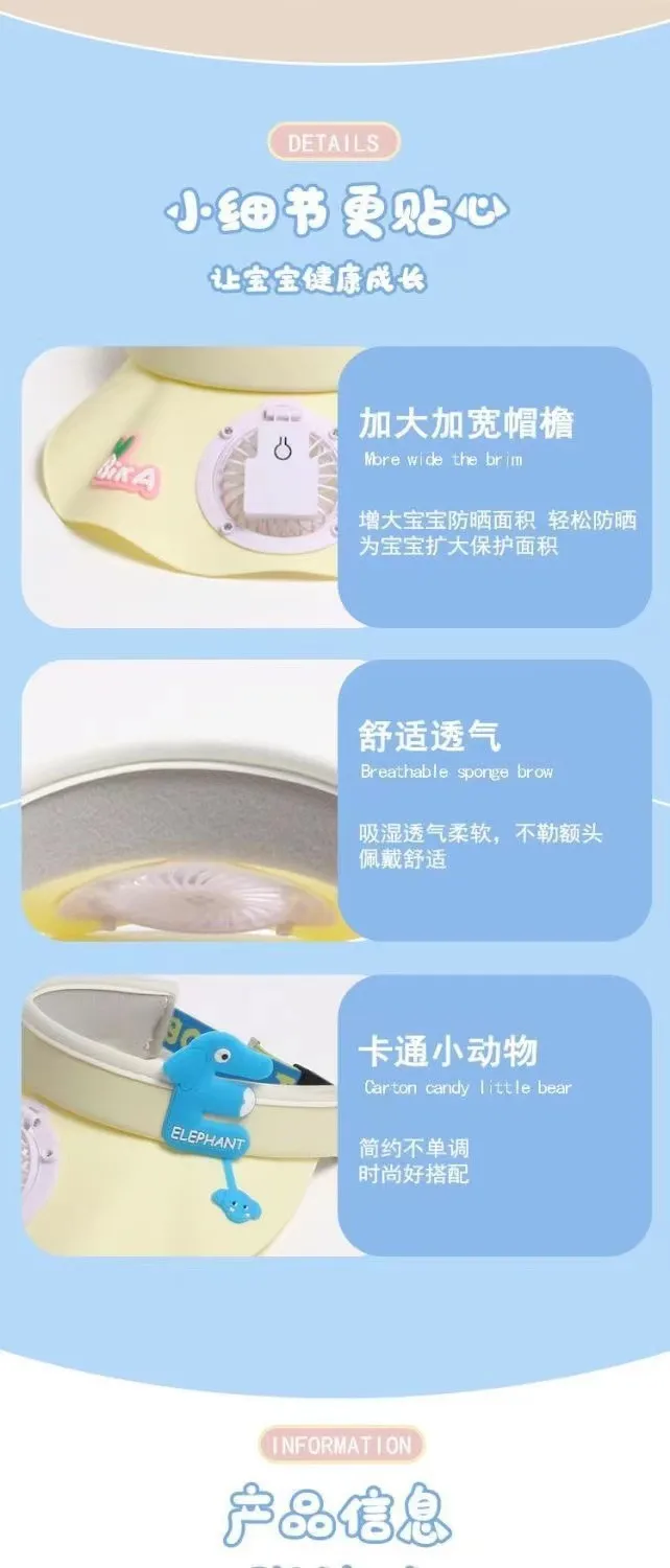 Children's USB Rechargeable Fan Hat Summer Big Cornice Ruffled Sunscreen Sunshade Hat Outdoor Cartoon Cute Empty Cap display picture 4