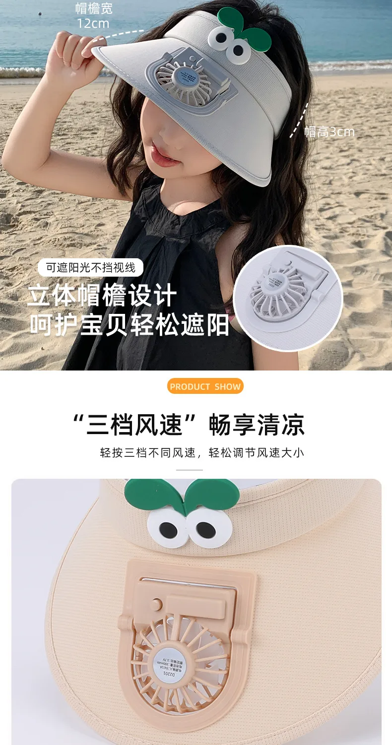 Small Fan Children's Cartoon Empty Top Hat Summer Sunscreen Sunshade Travel Face-covering Breathable Cool Animal Sun Hat display picture 3