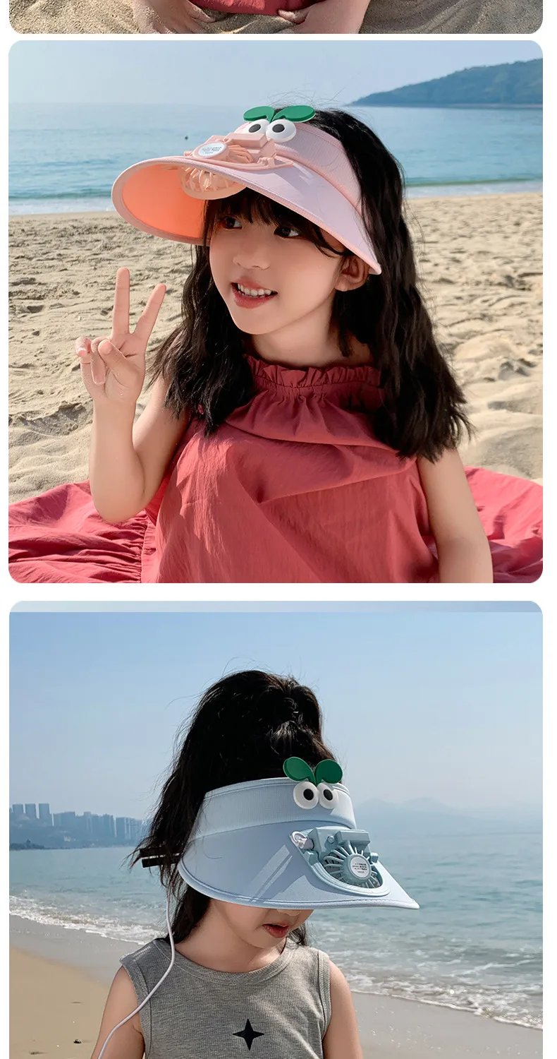 Small Fan Children's Cartoon Empty Top Hat Summer Sunscreen Sunshade Travel Face-covering Breathable Cool Animal Sun Hat display picture 10