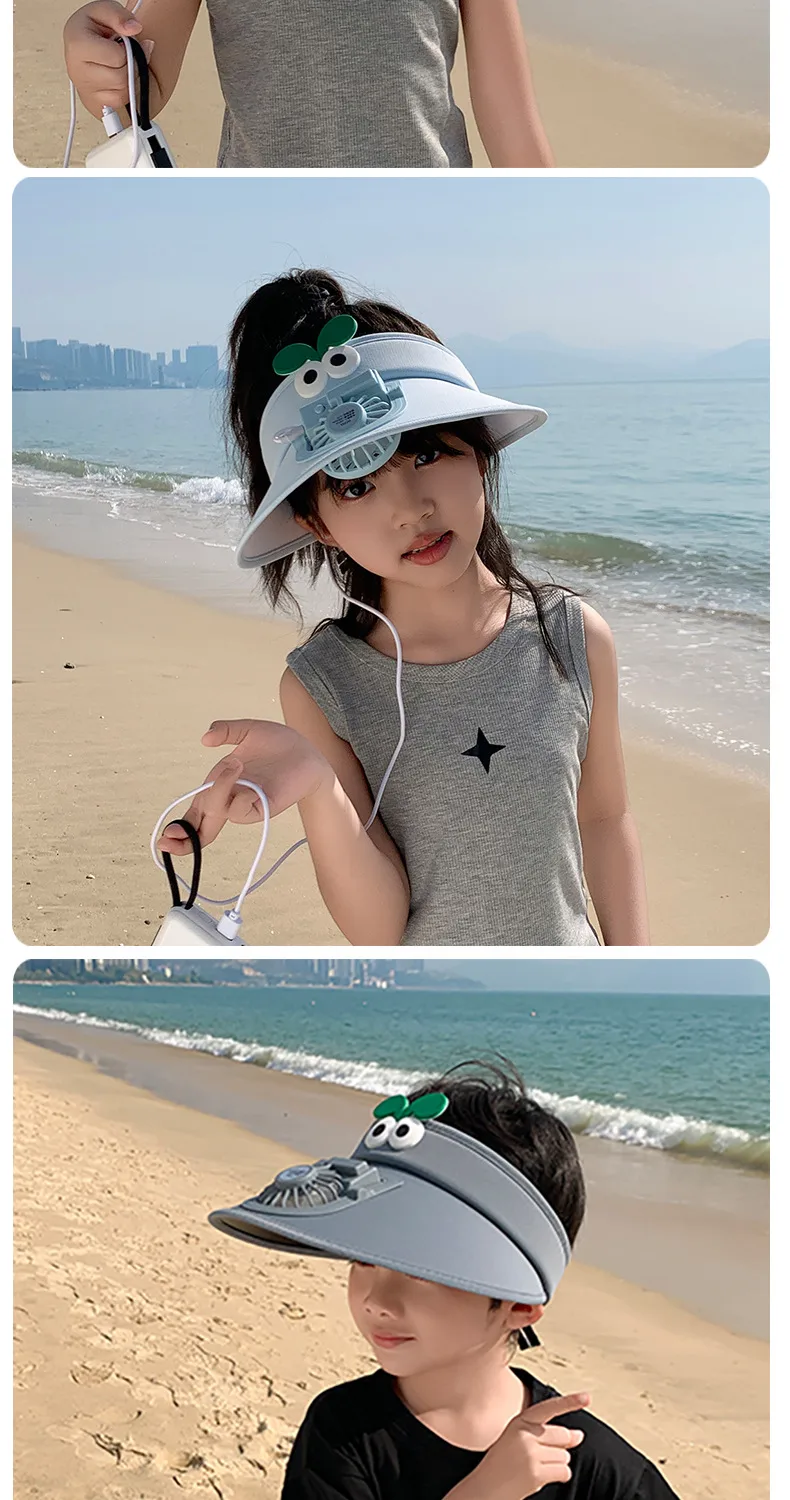 Small Fan Children's Cartoon Empty Top Hat Summer Sunscreen Sunshade Travel Face-covering Breathable Cool Animal Sun Hat display picture 11