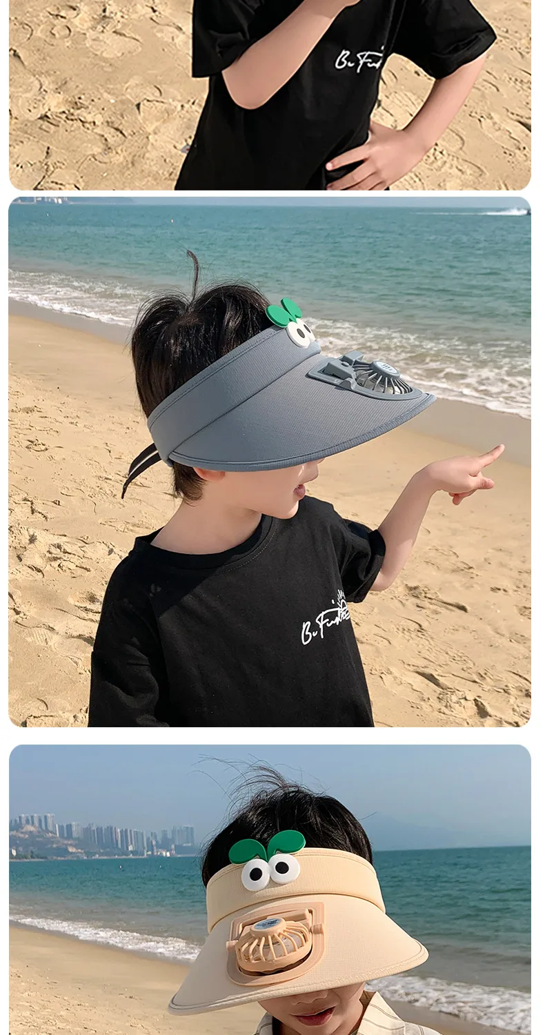 Small Fan Children's Cartoon Empty Top Hat Summer Sunscreen Sunshade Travel Face-covering Breathable Cool Animal Sun Hat display picture 12