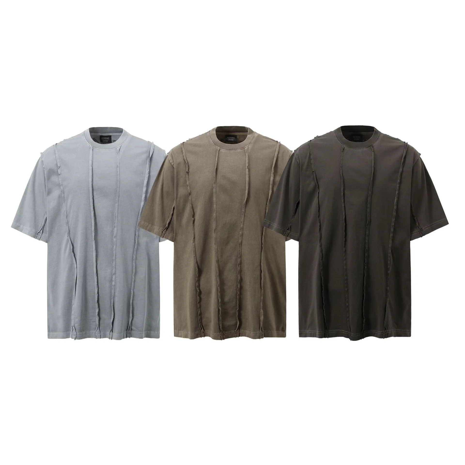 Jiayiku Men's  New High Street American Retro Fashion Brand Heavy Washed Raw Edge Patchwork Short-sleeved T-shirt For Men display picture 2
