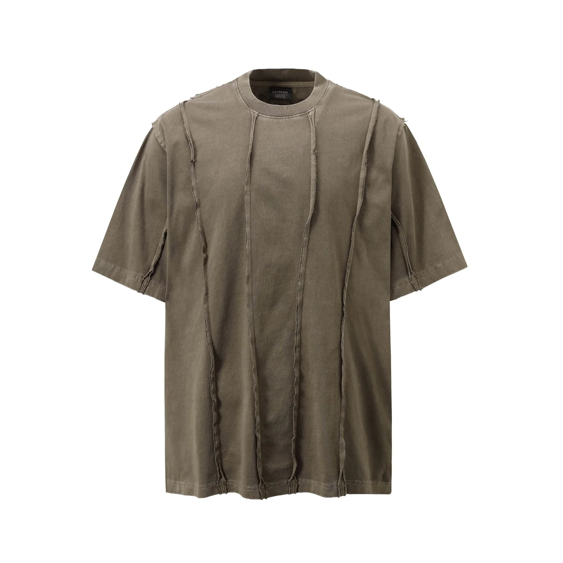 Jiayiku Men's  New High Street American Retro Fashion Brand Heavy Washed Raw Edge Patchwork Short-sleeved T-shirt For Men display picture 3