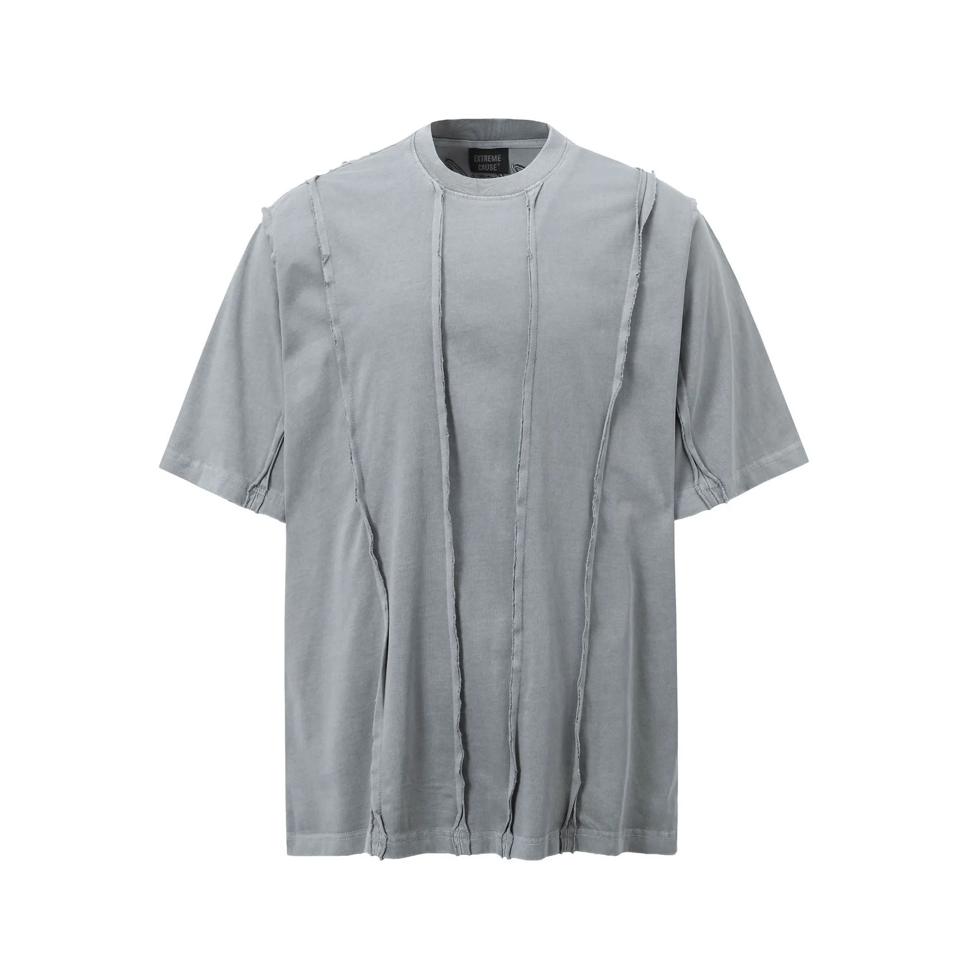 Jiayiku Men's  New High Street American Retro Fashion Brand Heavy Washed Raw Edge Patchwork Short-sleeved T-shirt For Men display picture 9