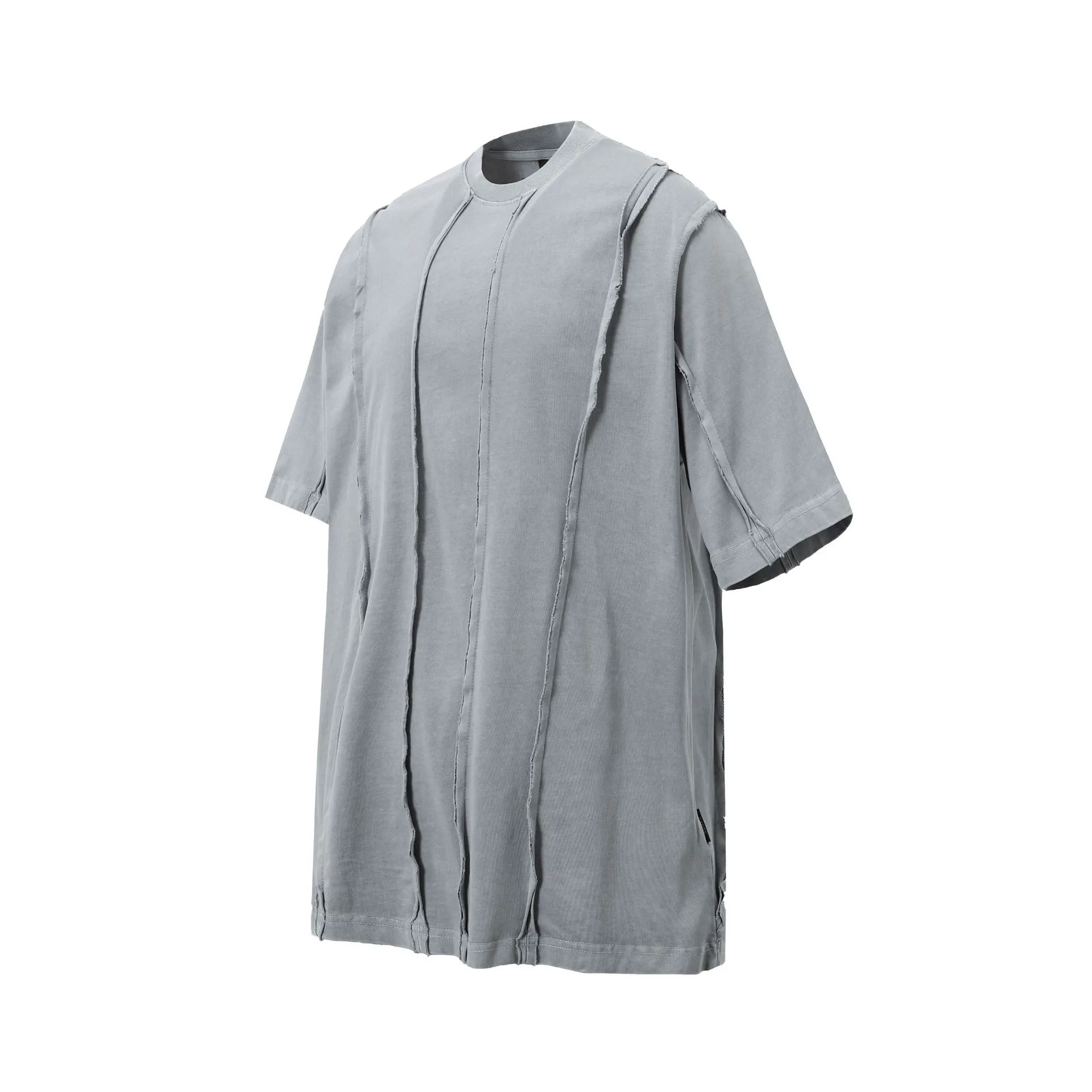 Jiayiku Men's  New High Street American Retro Fashion Brand Heavy Washed Raw Edge Patchwork Short-sleeved T-shirt For Men display picture 10