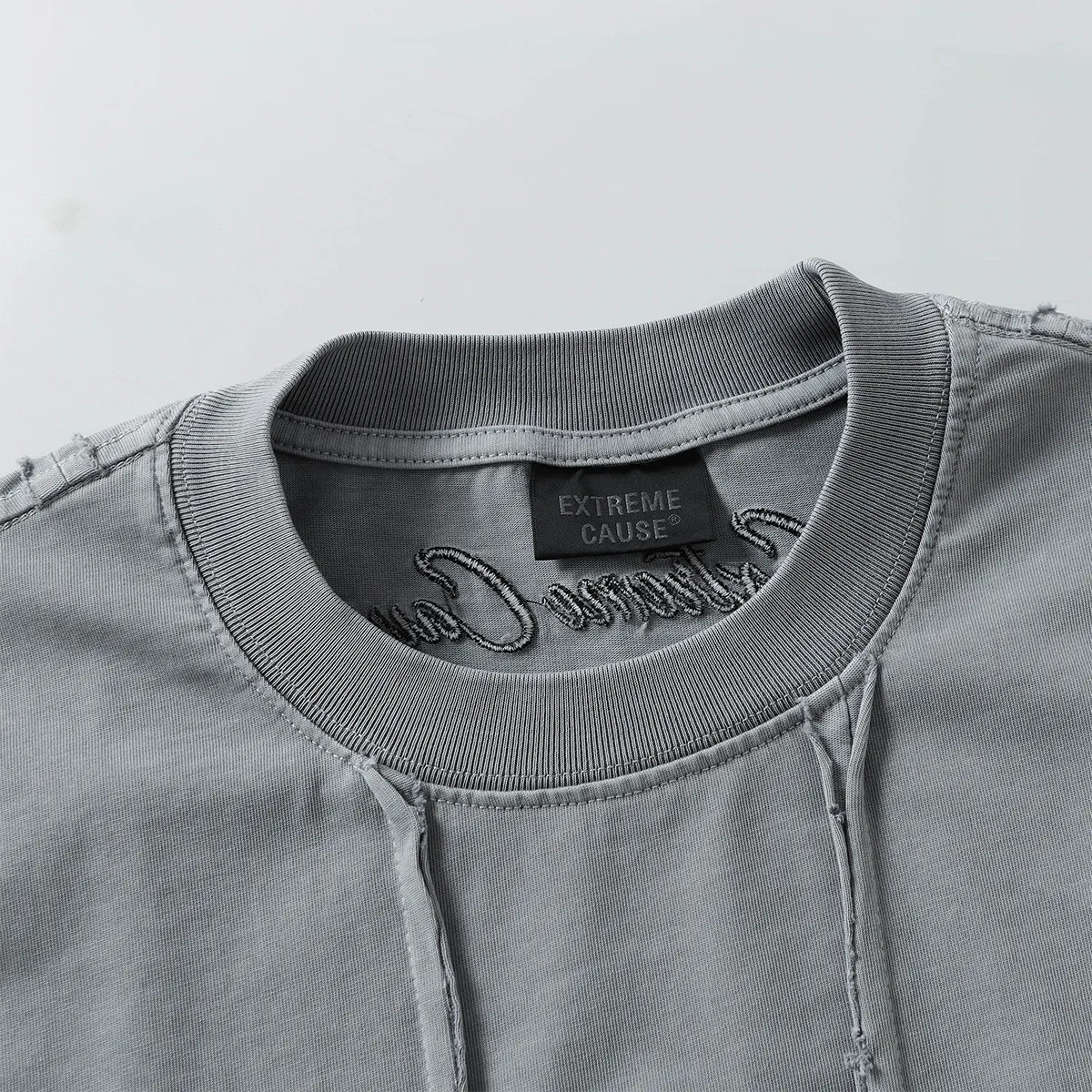 Jiayiku Men's  New High Street American Retro Fashion Brand Heavy Washed Raw Edge Patchwork Short-sleeved T-shirt For Men display picture 19