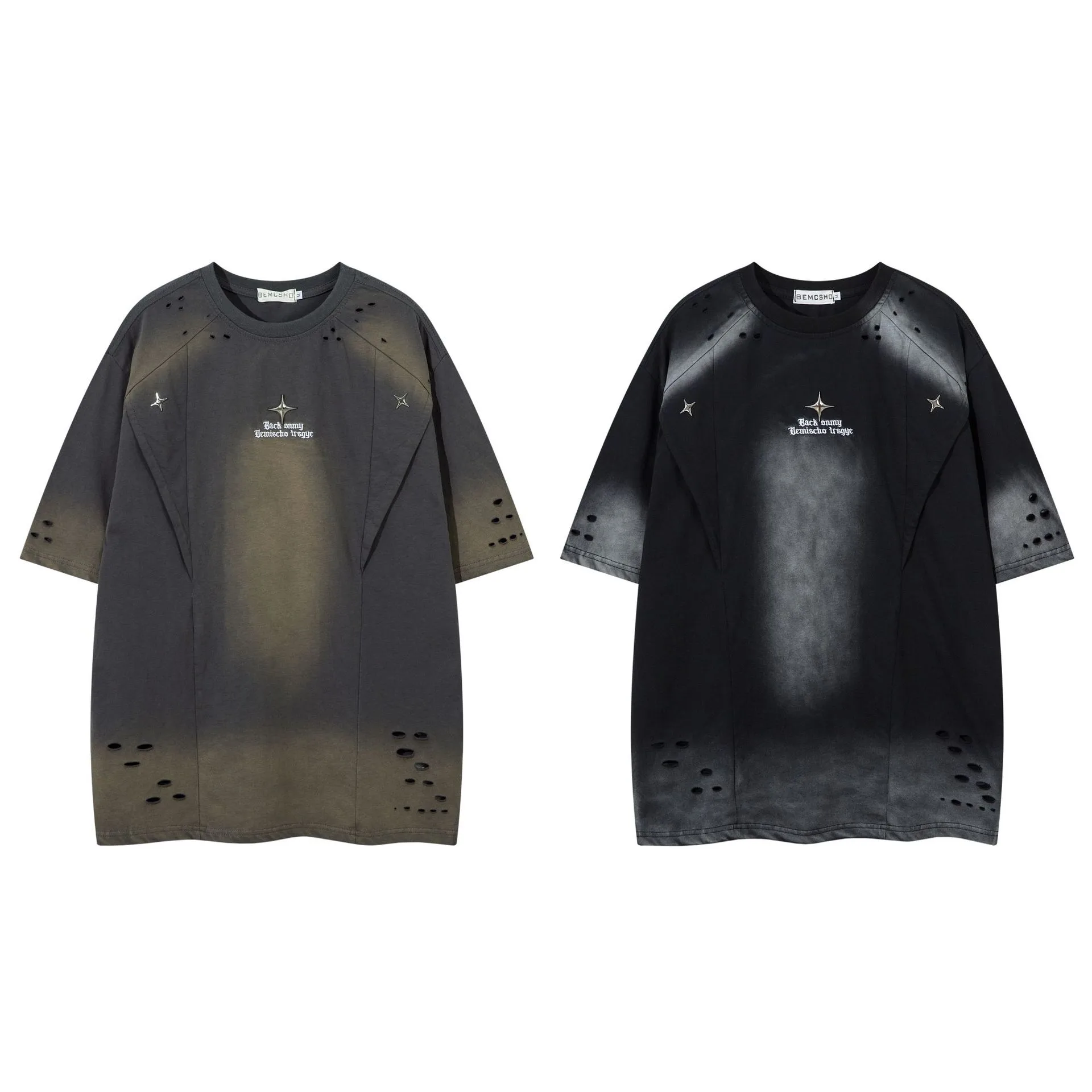 Jiayiku Summer Short-sleeved T-shirt Pure Cotton High Street American-style Functional Tide Brand Deconstruction Hole-washed Pure Cotton T-shirt Short-sleeved display picture 2