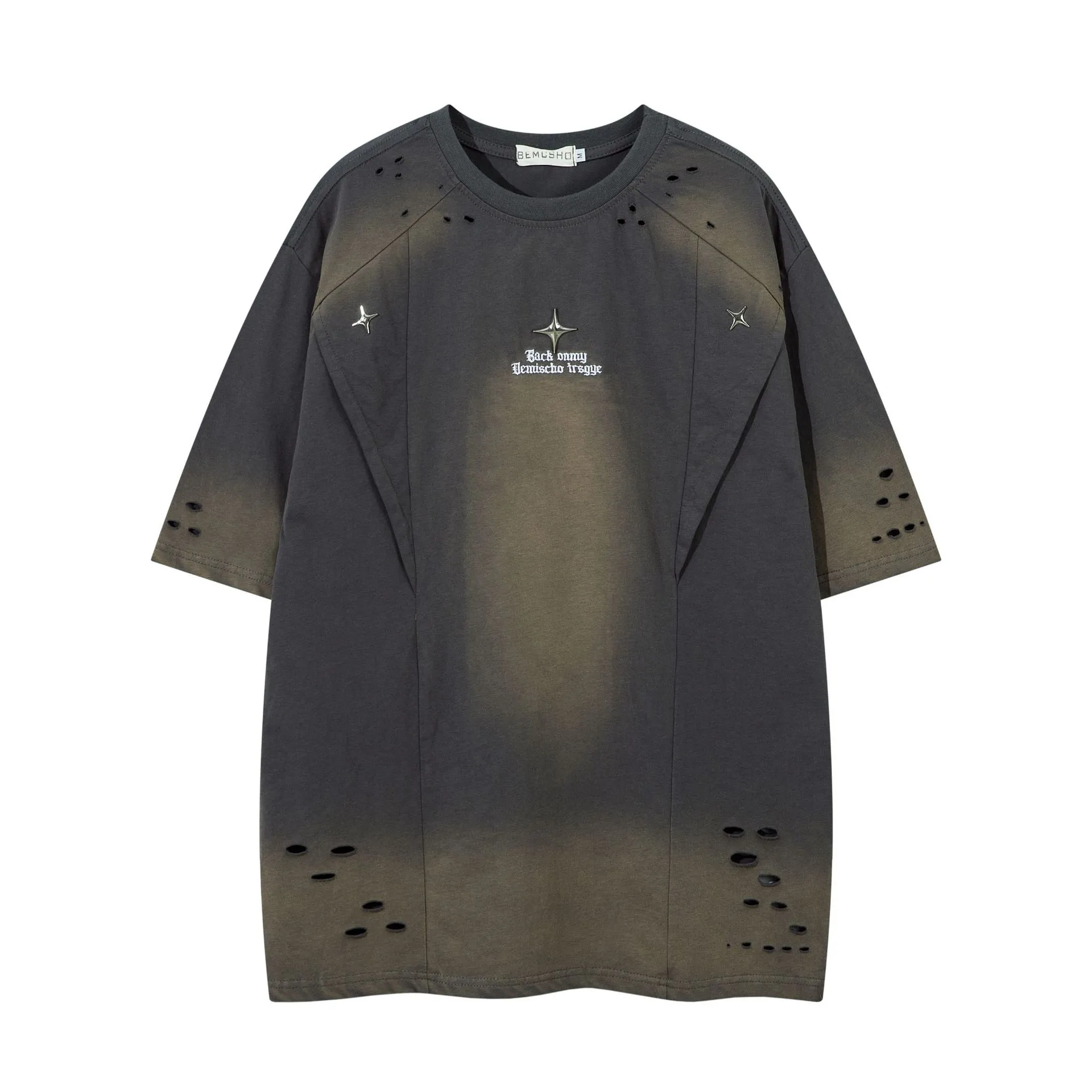 Jiayiku Summer Short-sleeved T-shirt Pure Cotton High Street American-style Functional Tide Brand Deconstruction Hole-washed Pure Cotton T-shirt Short-sleeved display picture 3