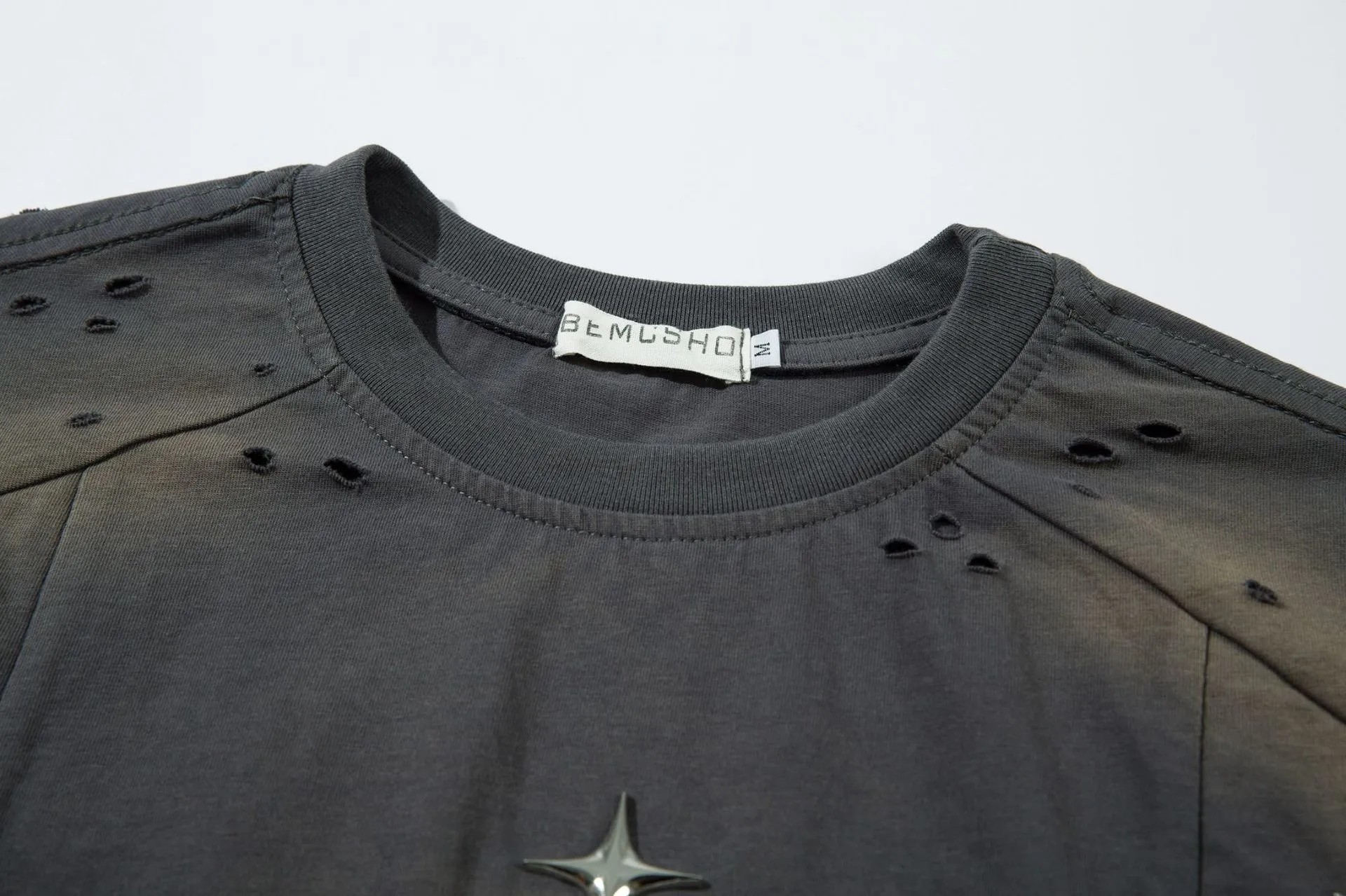 Jiayiku Summer Short-sleeved T-shirt Pure Cotton High Street American-style Functional Tide Brand Deconstruction Hole-washed Pure Cotton T-shirt Short-sleeved display picture 11