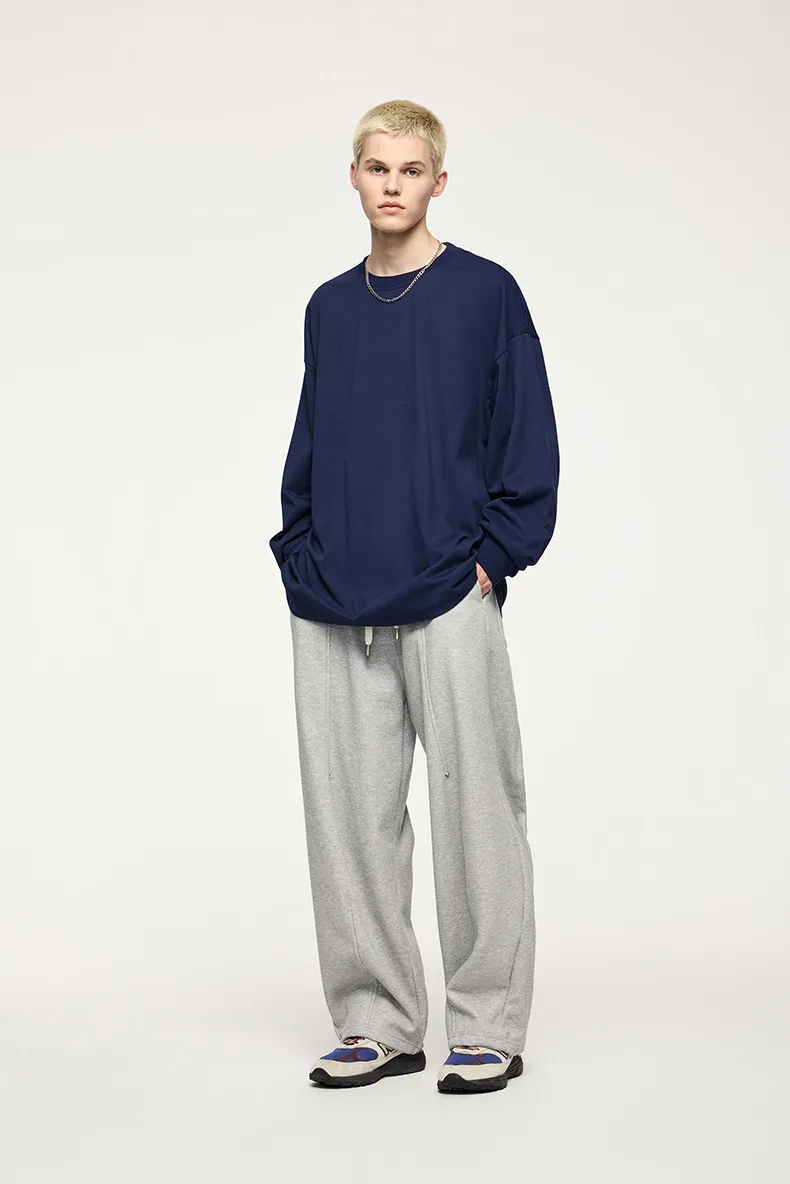 Jie Zhan Men's Wear | 305Gfog Color Long Sleeve T-shirt  Spring American Solid Color Cotton Loose Couple T-shirt display picture 4