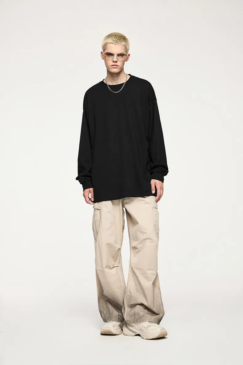 Jie Zhan Men's Wear | 305Gfog Color Long Sleeve T-shirt  Spring American Solid Color Cotton Loose Couple T-shirt display picture 5