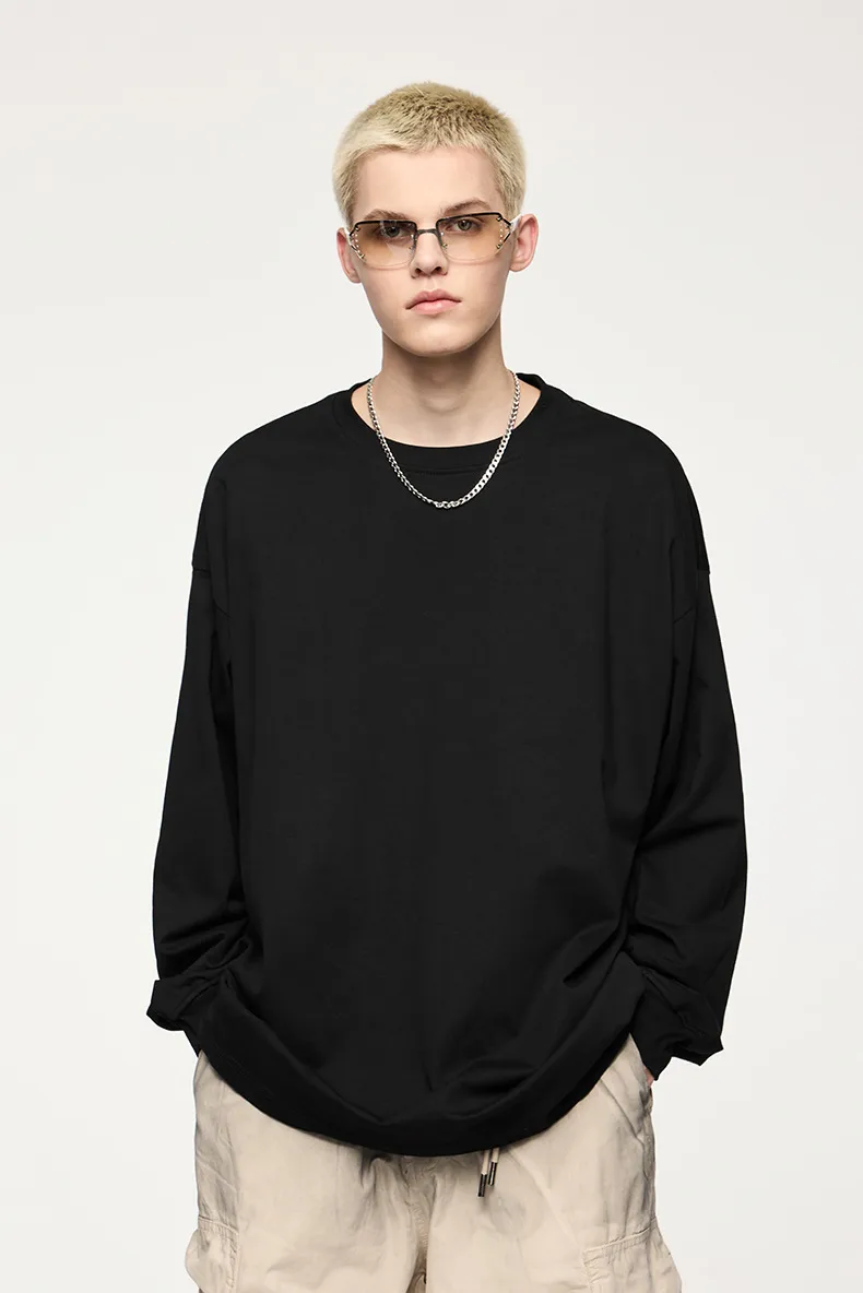 Jie Zhan Men's Wear | 305Gfog Color Long Sleeve T-shirt  Spring American Solid Color Cotton Loose Couple T-shirt display picture 6