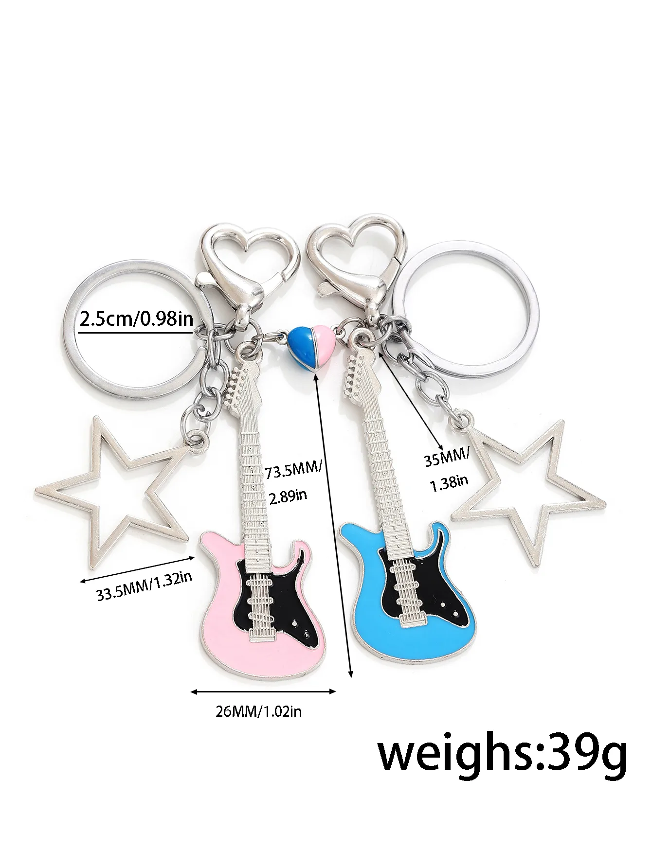 2 Pieces Cute Rock Punk Star Electric Guitar 304 Stainless Steel Alloy Unisex Heart Clasp Closure Keychain display picture 1