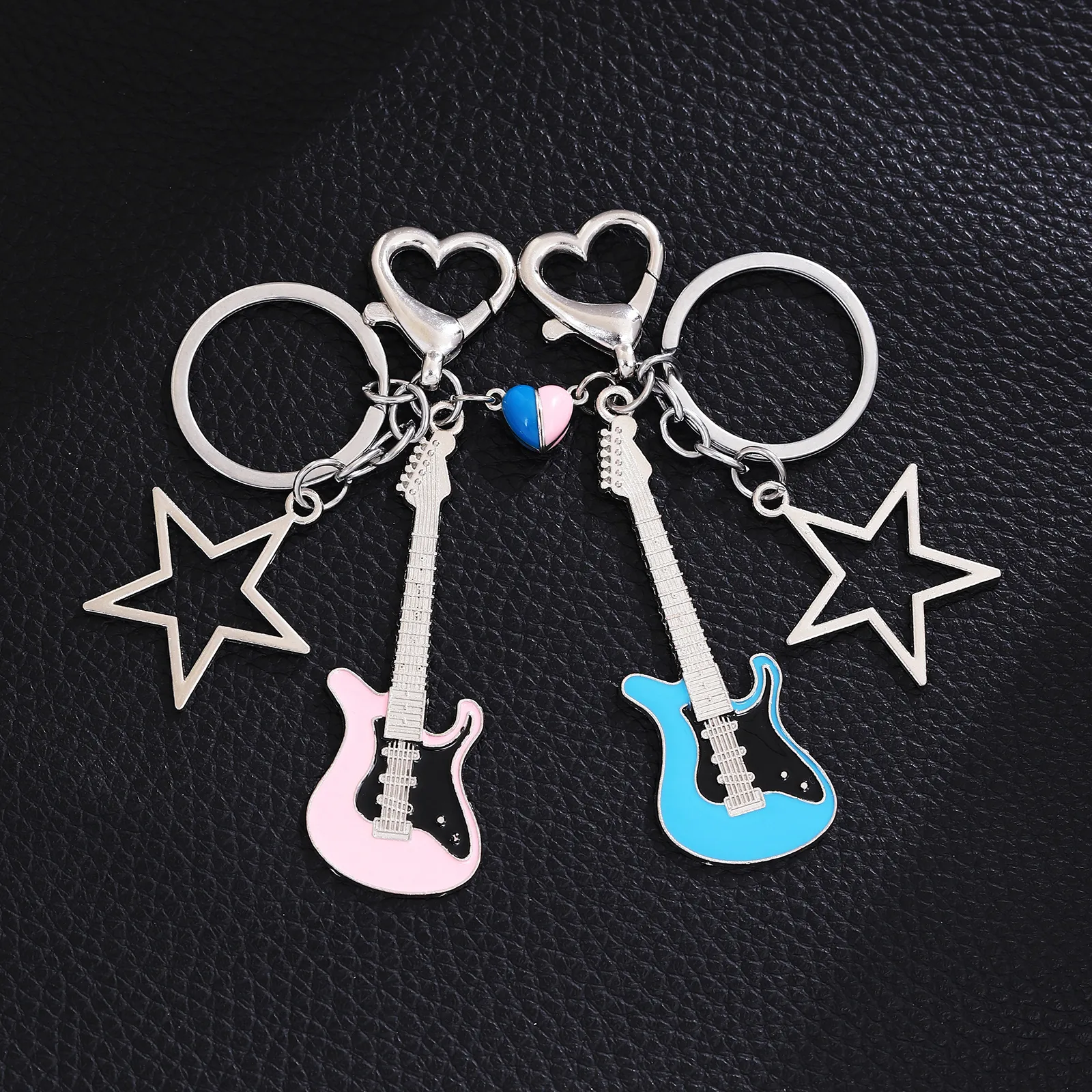 2 Pieces Cute Rock Punk Star Electric Guitar 304 Stainless Steel Alloy Unisex Heart Clasp Closure Keychain display picture 3