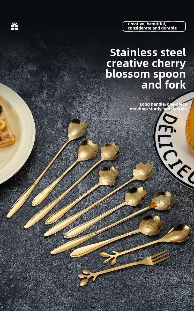 Stainless Steel Cherry Blossom Spoon Household Creative New Style Gold Long Handle Ice Spoon Coffee Mixing Spoon Dessert Spoon Tableware Wholesale display picture 1