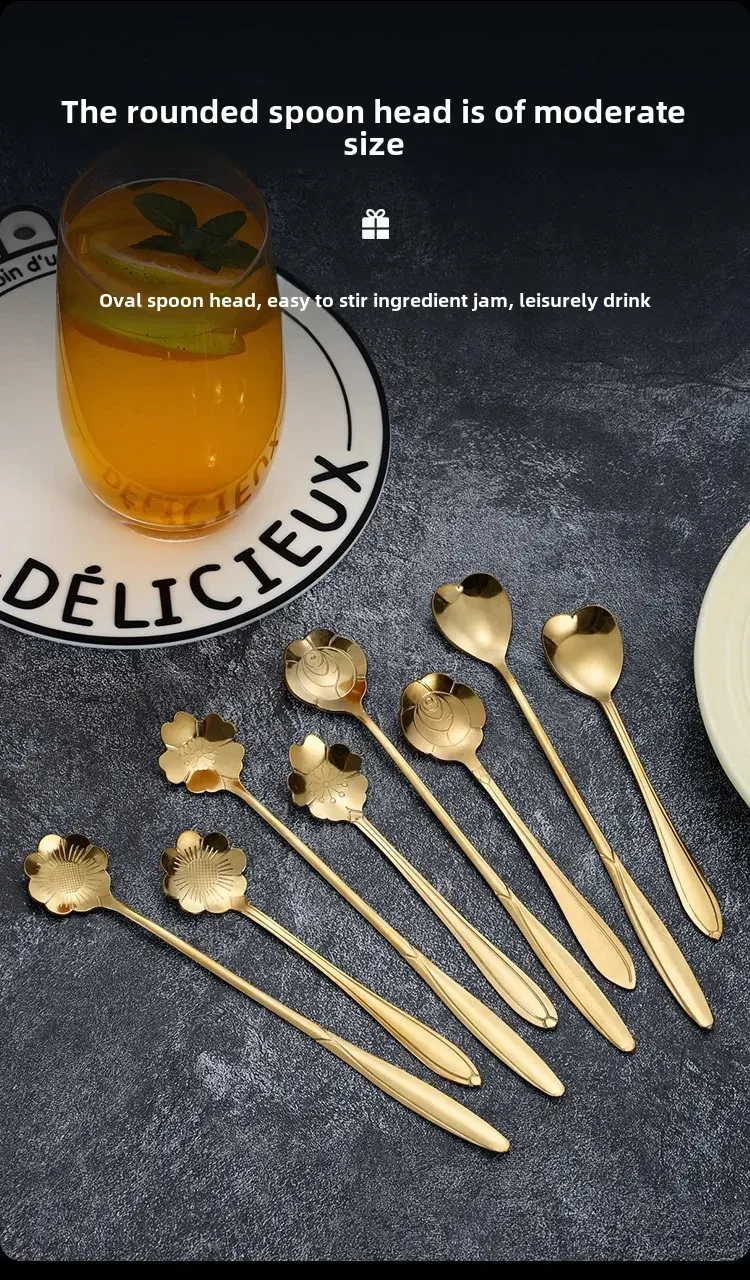 Stainless Steel Cherry Blossom Spoon Household Creative New Style Gold Long Handle Ice Spoon Coffee Mixing Spoon Dessert Spoon Tableware Wholesale display picture 8
