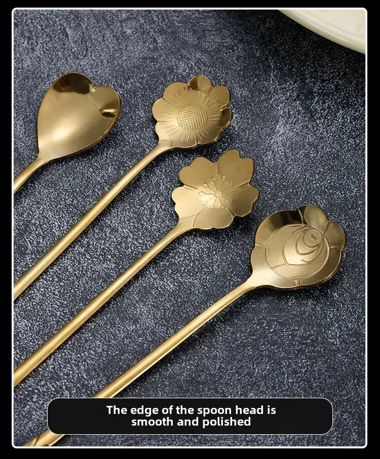Stainless Steel Cherry Blossom Spoon Household Creative New Style Gold Long Handle Ice Spoon Coffee Mixing Spoon Dessert Spoon Tableware Wholesale display picture 11