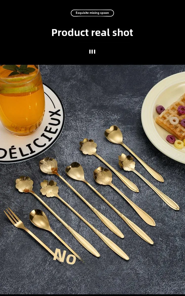 Stainless Steel Cherry Blossom Spoon Household Creative New Style Gold Long Handle Ice Spoon Coffee Mixing Spoon Dessert Spoon Tableware Wholesale display picture 12