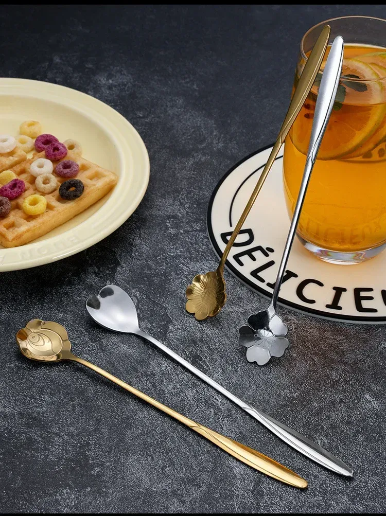 Stainless Steel Cherry Blossom Spoon Household Creative New Style Gold Long Handle Ice Spoon Coffee Mixing Spoon Dessert Spoon Tableware Wholesale display picture 14
