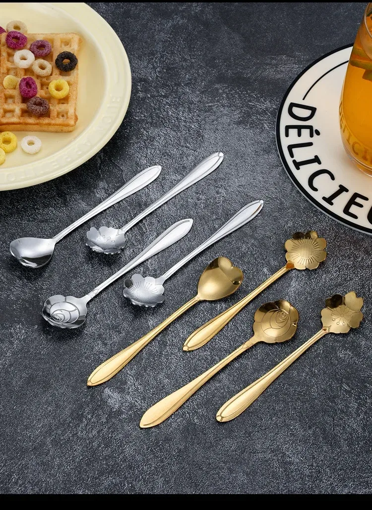 Stainless Steel Cherry Blossom Spoon Household Creative New Style Gold Long Handle Ice Spoon Coffee Mixing Spoon Dessert Spoon Tableware Wholesale display picture 15