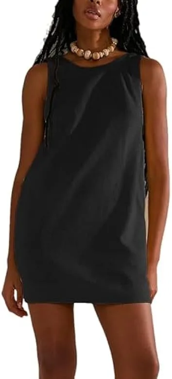 Women Summer Round Neck Sleeveless Backless Dress Casual Beach Sunny Cotton Linen Mini Dress display picture 2